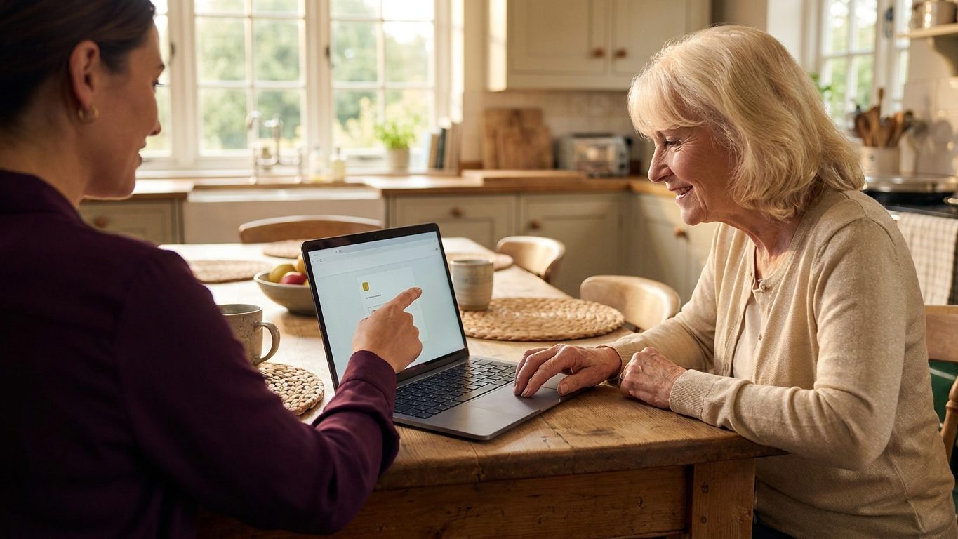 A technician helping a client with a laptop at a kitchen table